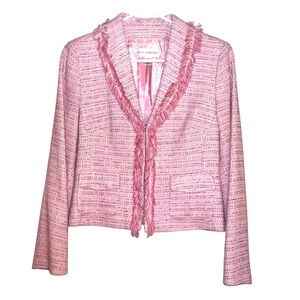 Petite Sophisticate Pink Tweed Fringe Blazer. Colors Pink/Grey/White. Size 4